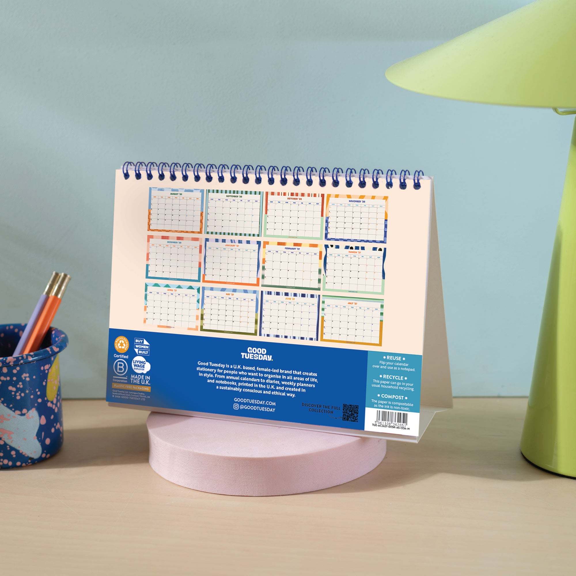 Back of academic desk calendar with spiral binding and sturdy stand