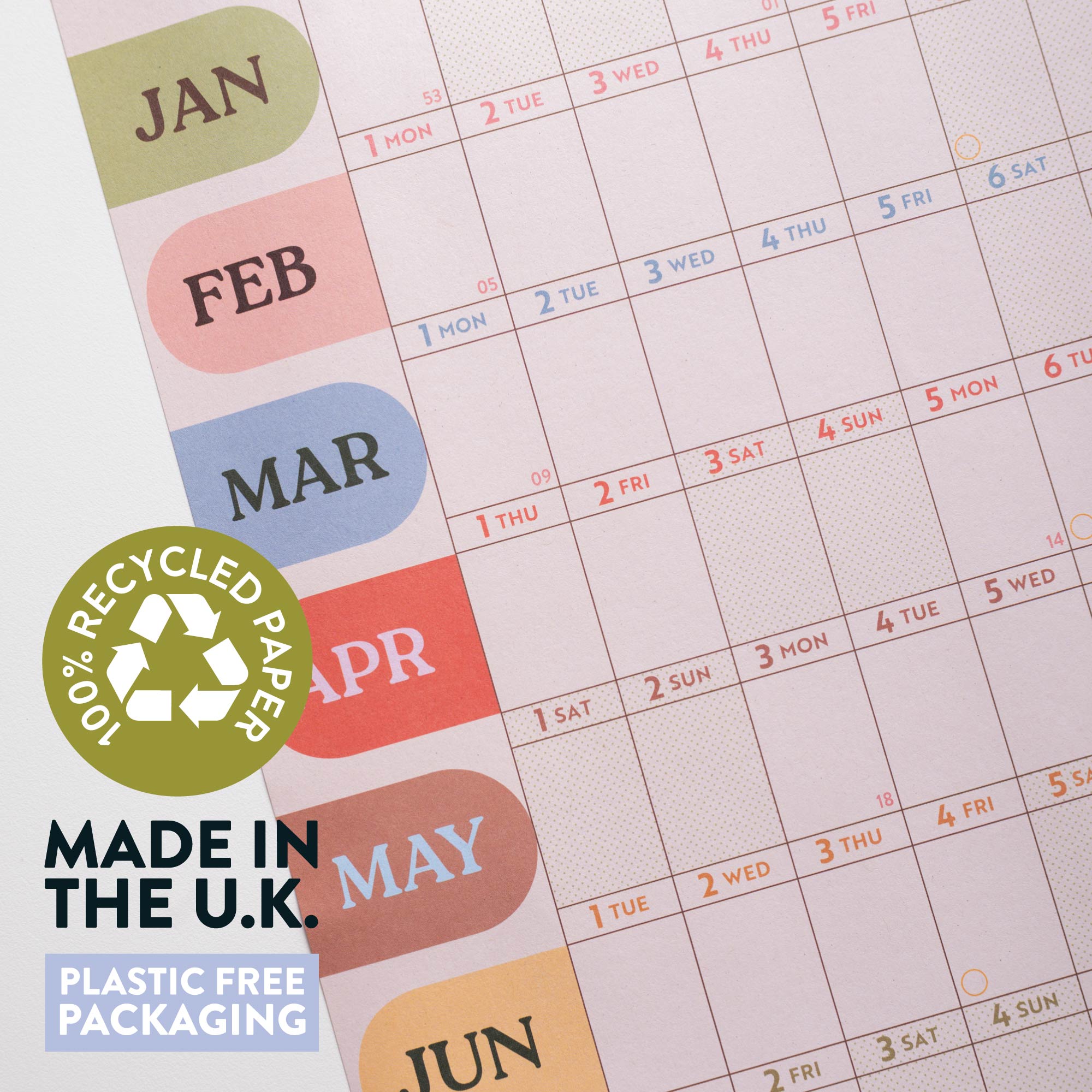 Wall planner, 150gsm recycled paper, plastic-free packaging