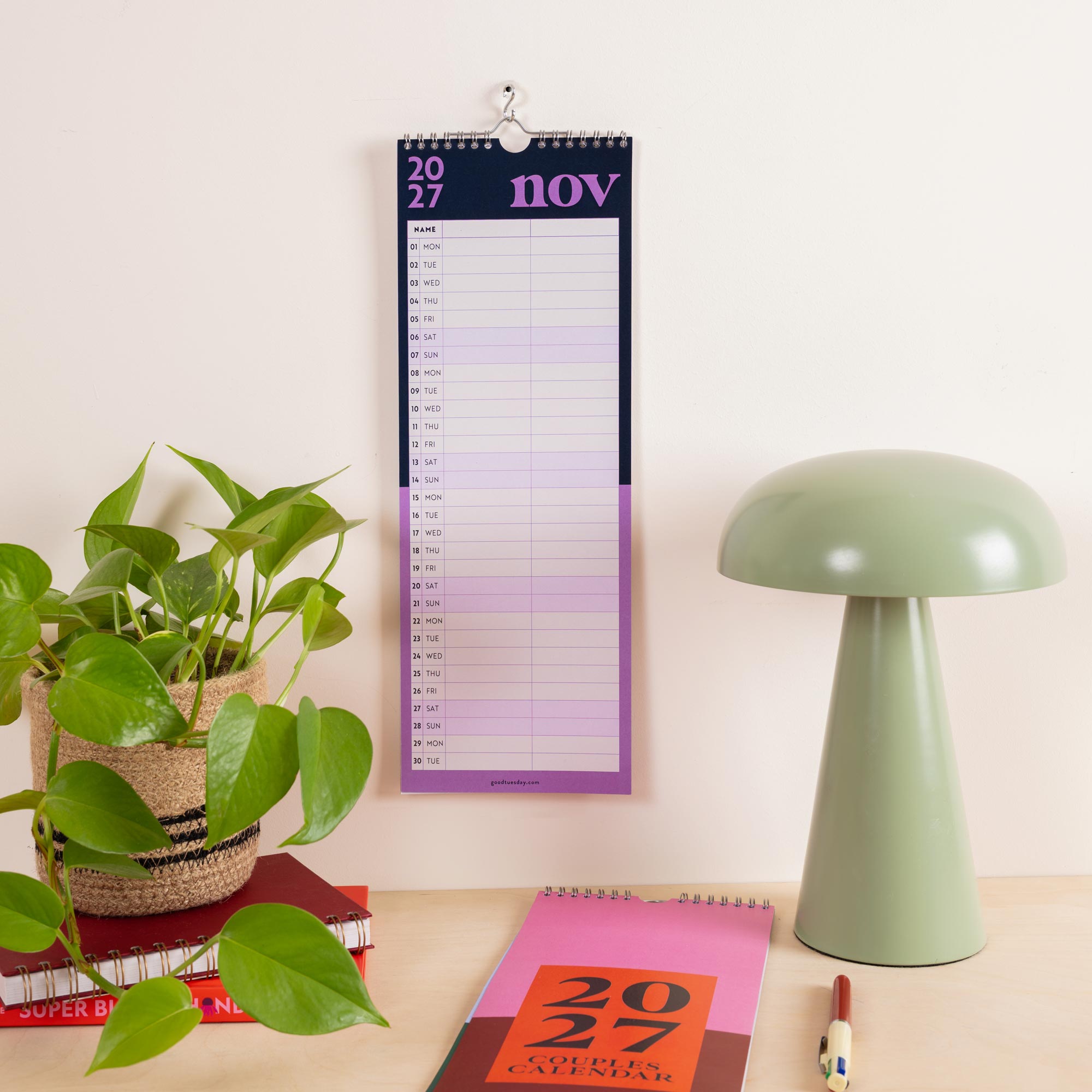2027 Bold Block Couples Calendar, ring bound with hook to hang