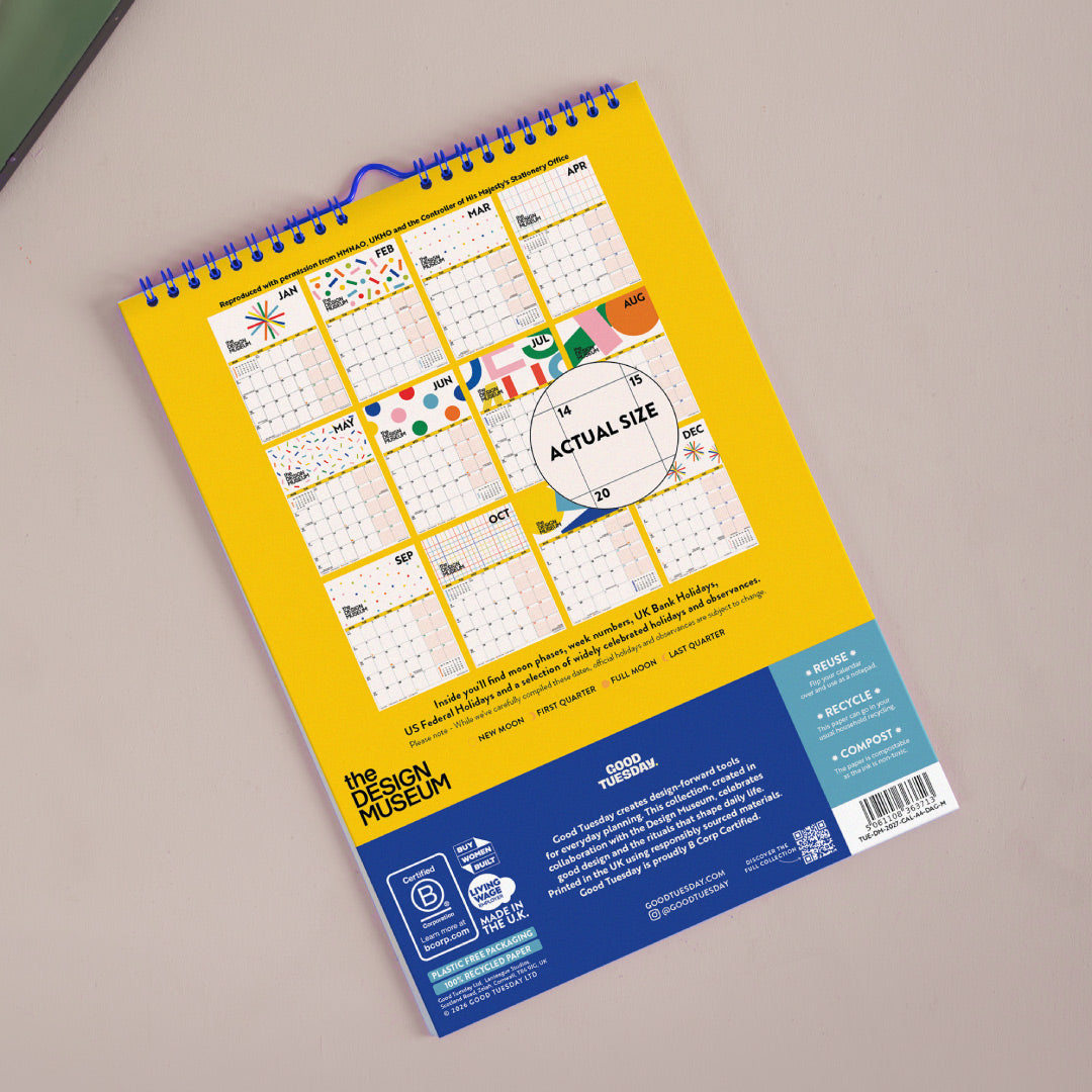2027 Design Museum Calendar, Dots & Grids, back cover with 2028 overview and week numbers