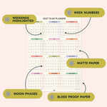 2027 year wall planner infographic showing week numbers, weekends highlighted, matte paper, moon phases and bleed-proof paper. 