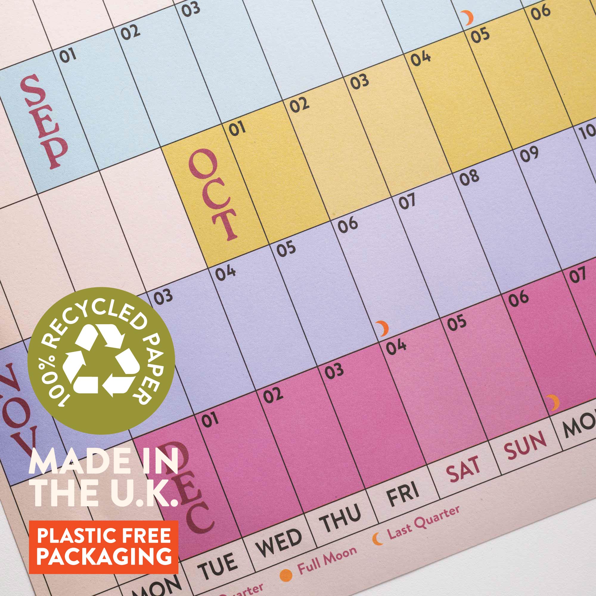 A1 wall planner, 150gsm recycled paper, plastic-free packaging