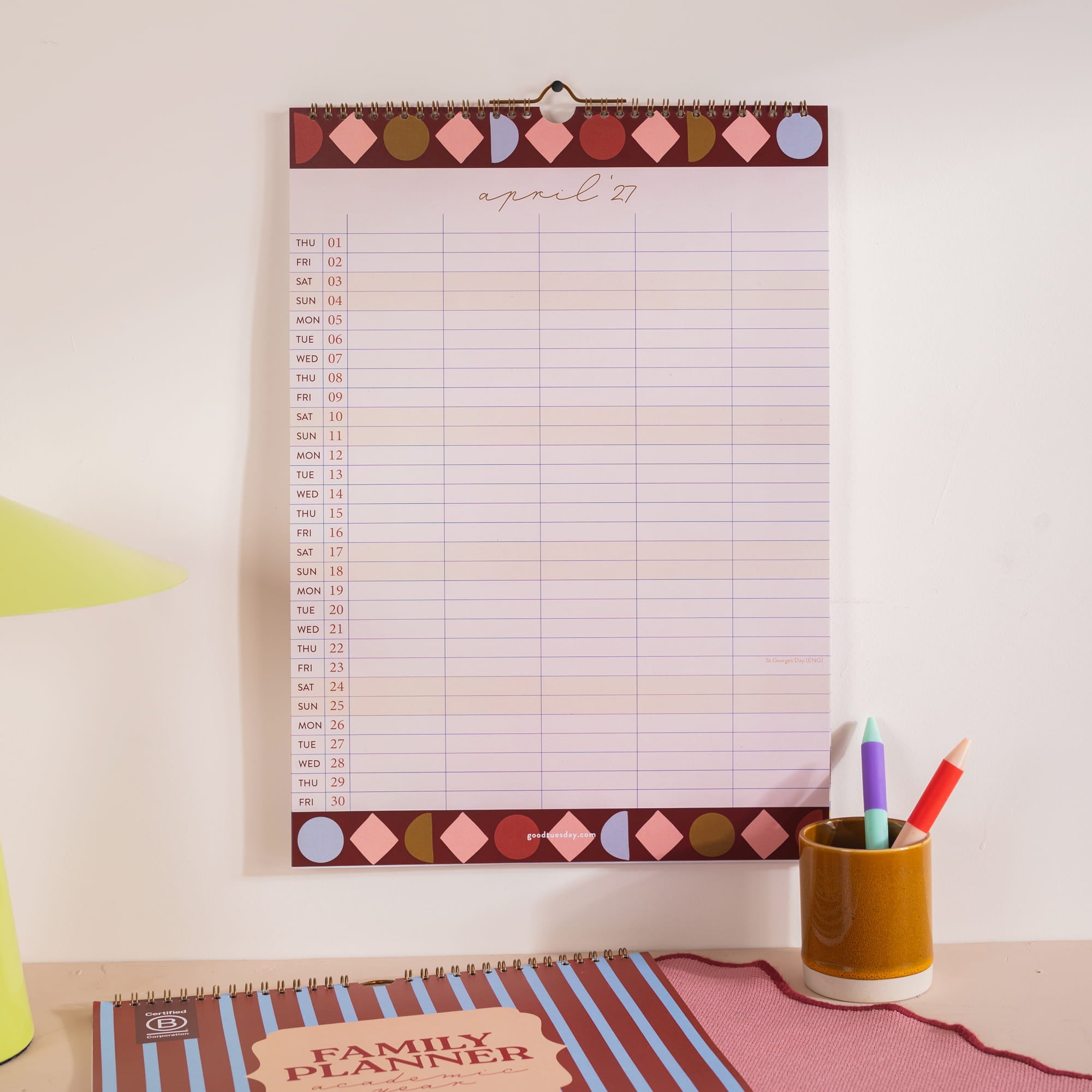 A3 family planner with five column layout and name spaces for each family member