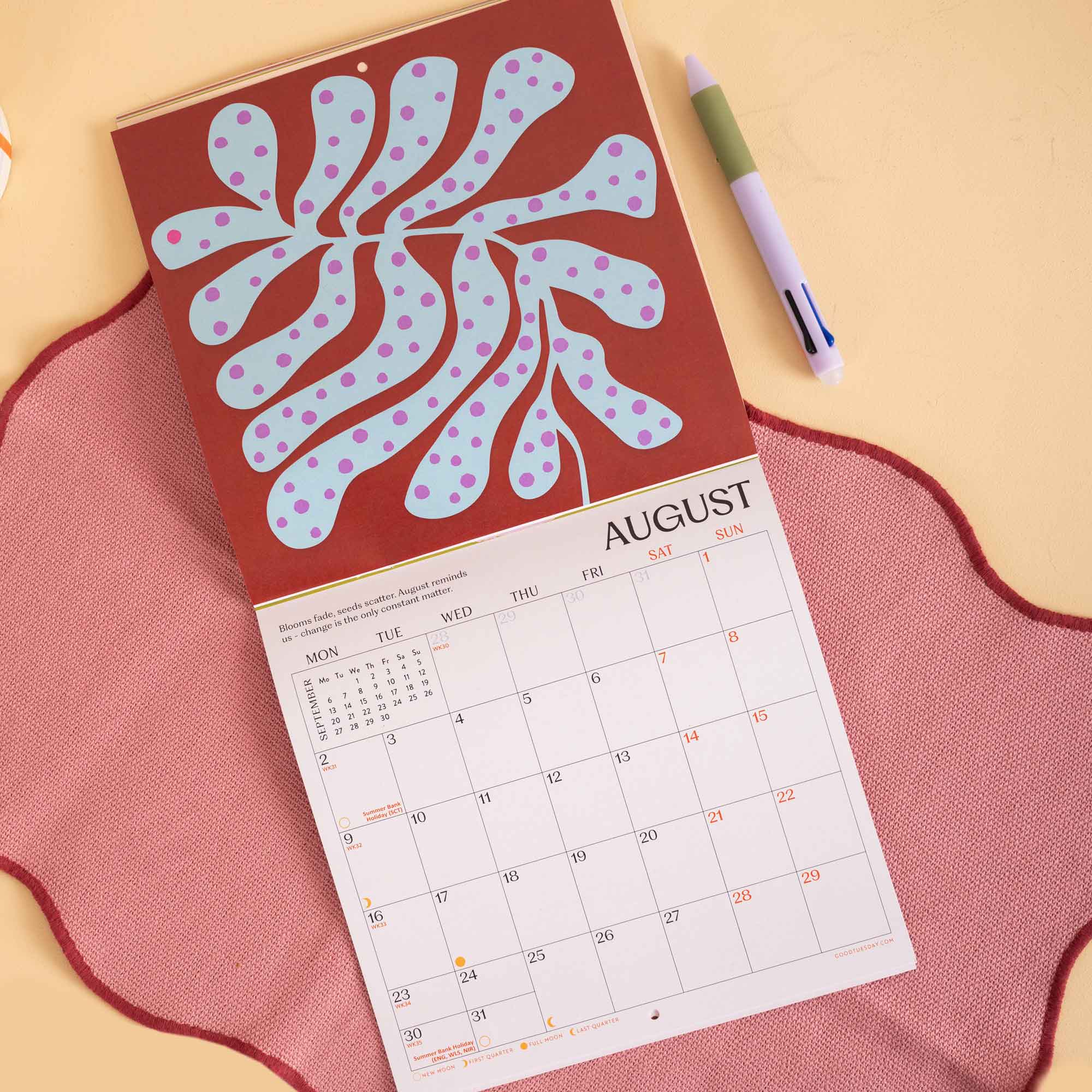 Les Fleurs calendar, mini month ahead view for forward planning