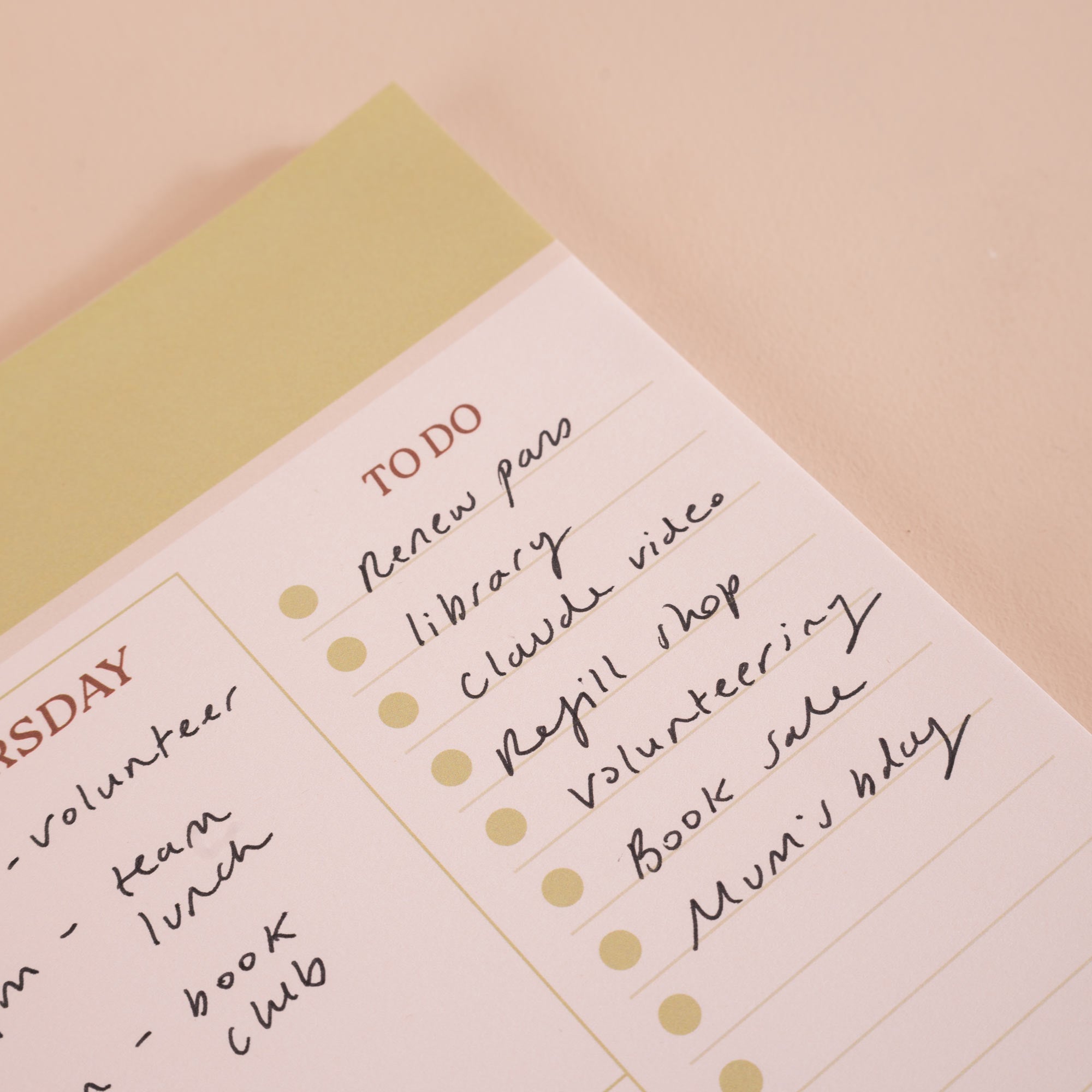 A4 Matcha Weekly Planner Pad, space for notes alongside the weekly grid