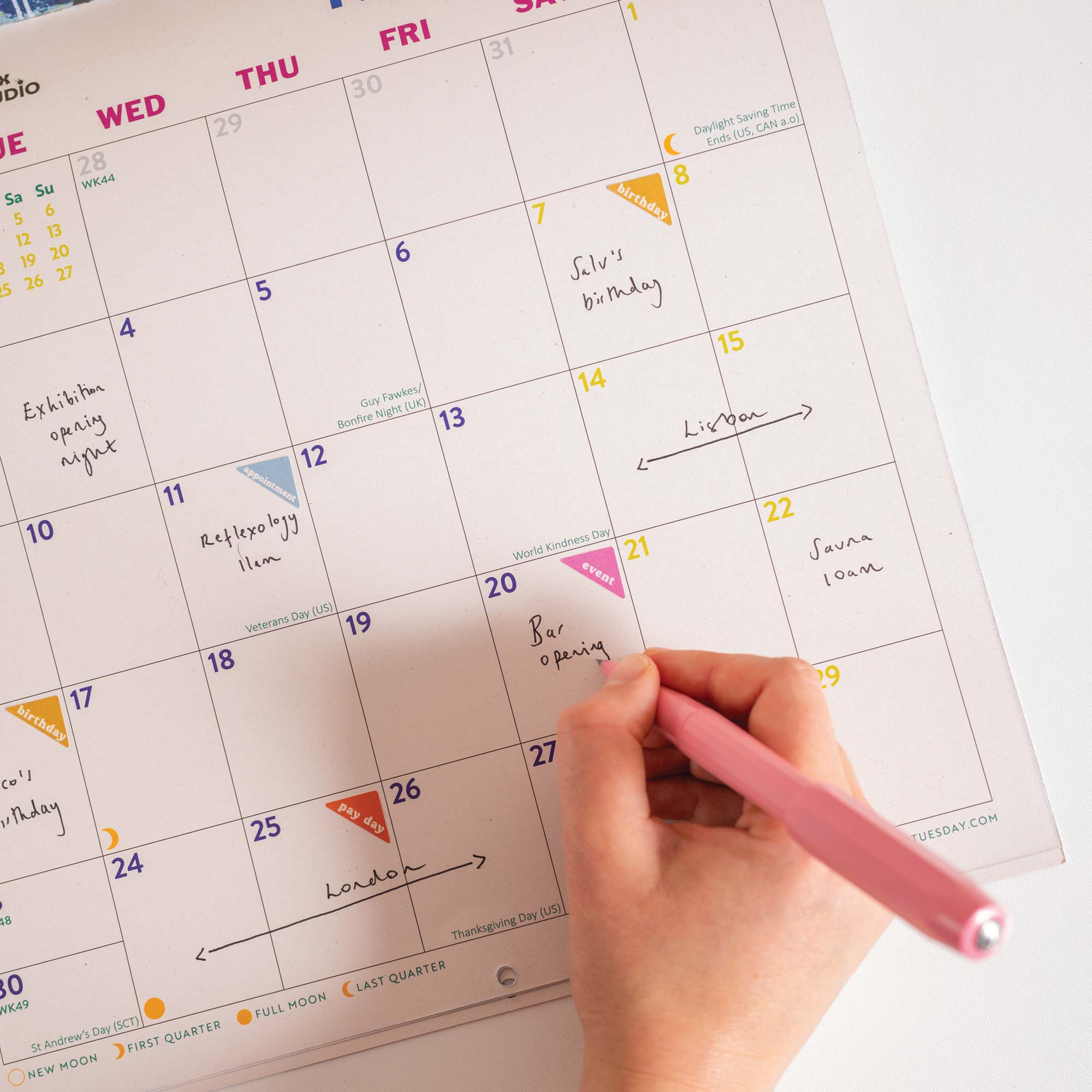 Grid design with Monday week start, generous boxes for writing. 