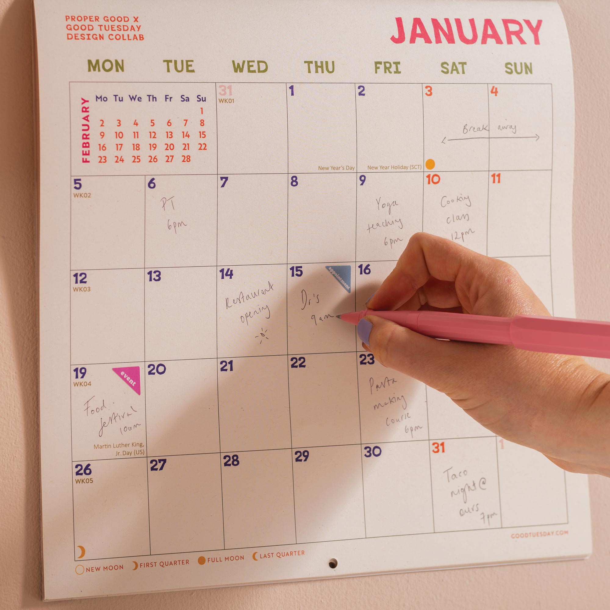 Good Tuesday bold and bright 2026 calendar, grid style design, generous boxes for writing, Monday week start