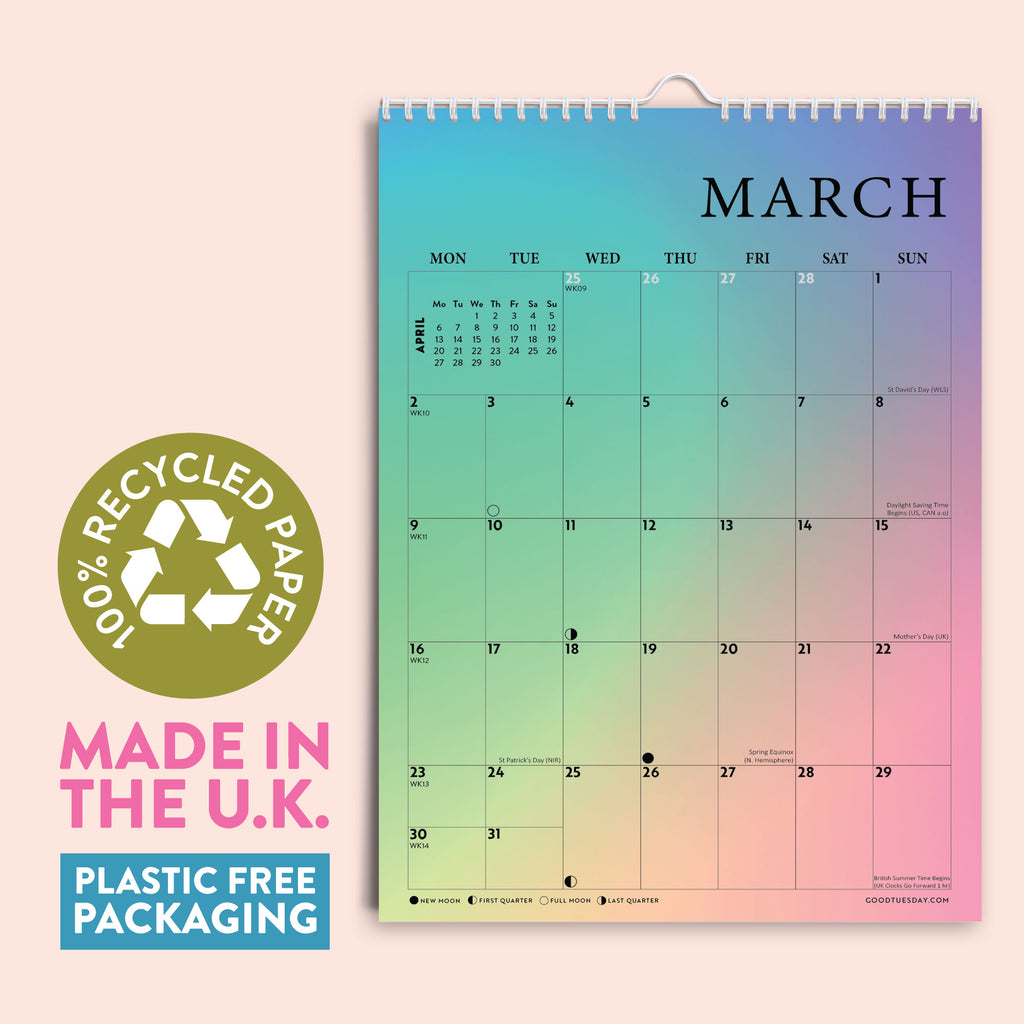 Calendar with a gradient design on a light pink background, featuring recycled paper and plastic-free packaging.