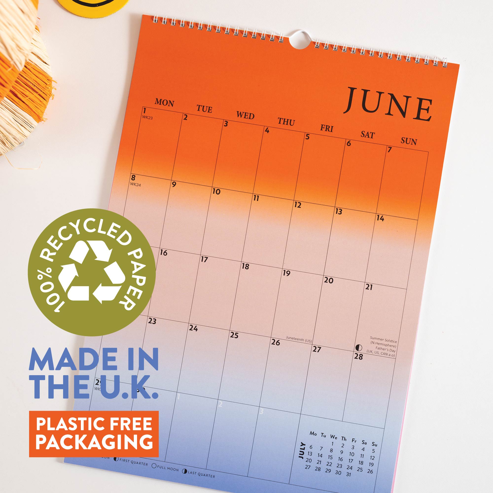 Good Tuesday's 2026 calendar with colorful gradient design. 100% recycled paper. Made in the UK. Plastic free packaging.