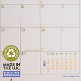 Calendar with a focus on recycled paper and plastic-free packaging, featuring GoodTuesday.com branding.