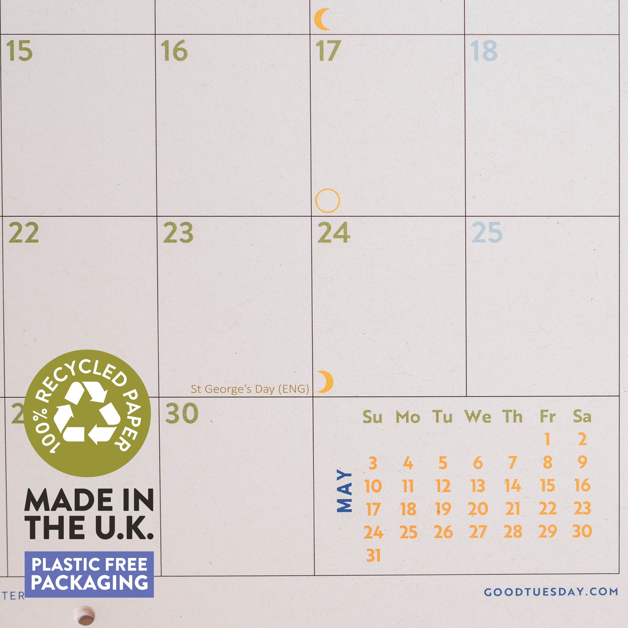 Calendar with a focus on recycled paper and plastic-free packaging, featuring GoodTuesday.com branding.