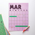 Purple calendar sheet with March dates on a white background