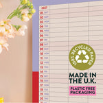 Close up of A3 family calendar printed on recycled paper with plastic free packaging and made in UK