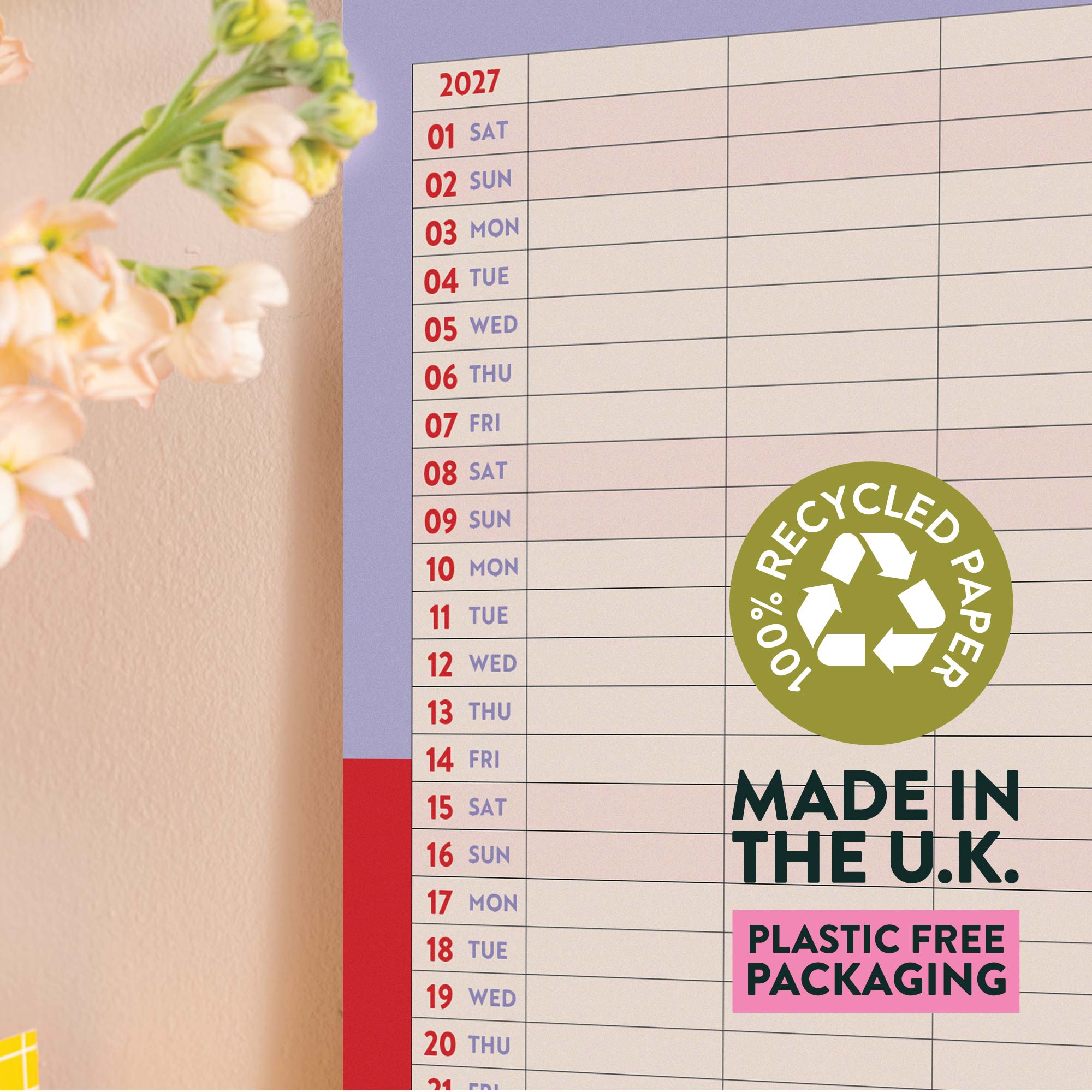 Close up of A3 family calendar printed on recycled paper with plastic free packaging and made in UK