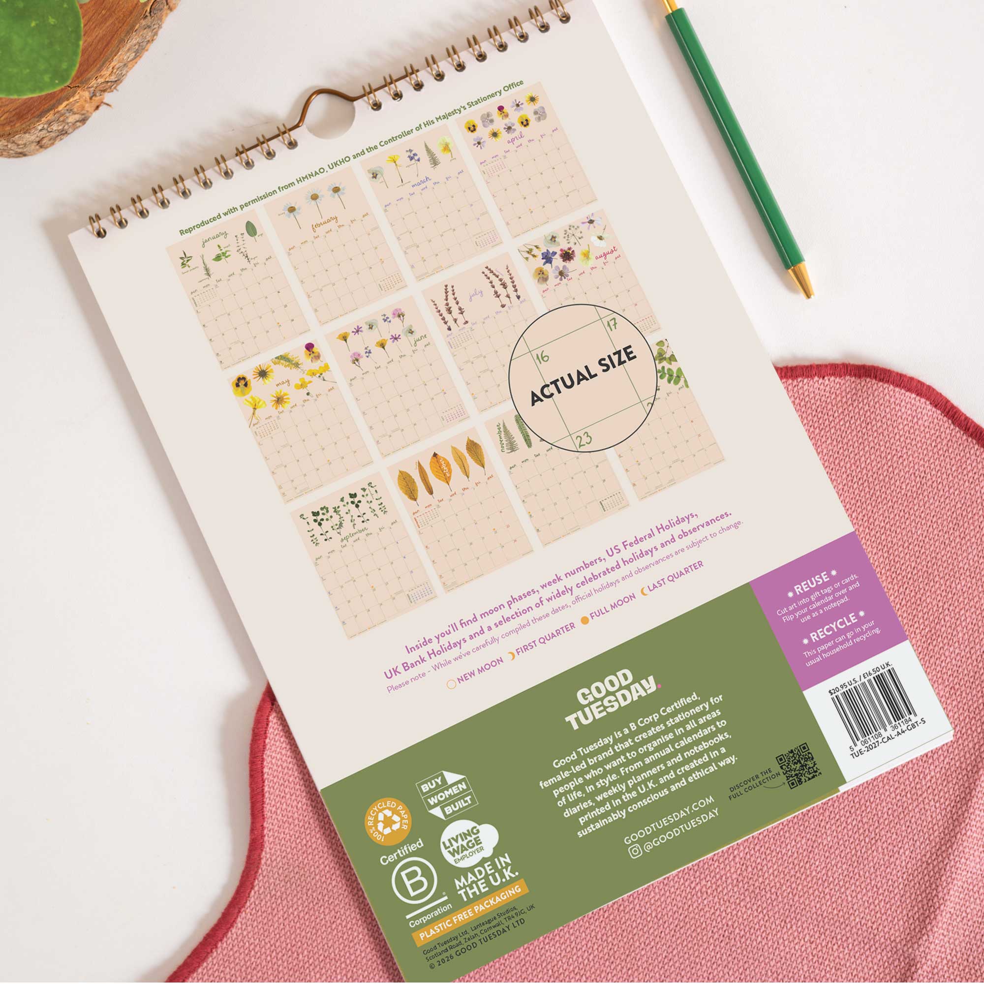 2027 A4 wall calendar printed on recycled paper with hanging hole detail and back overview pages