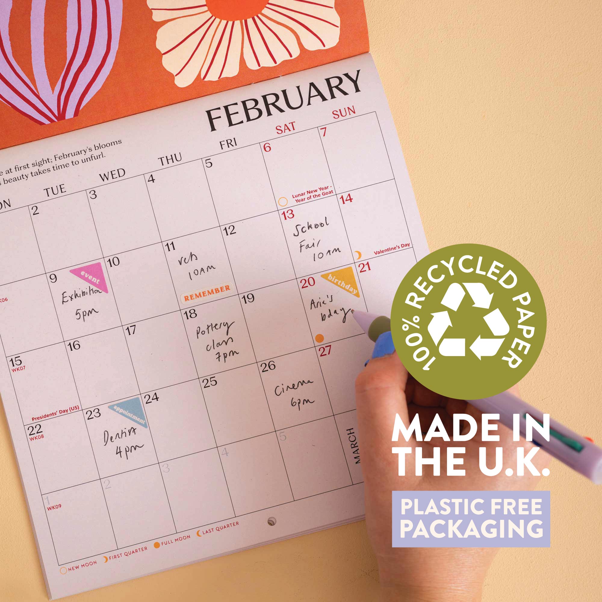 2027 compact wall calendar, punched hole for hanging, recycled paper