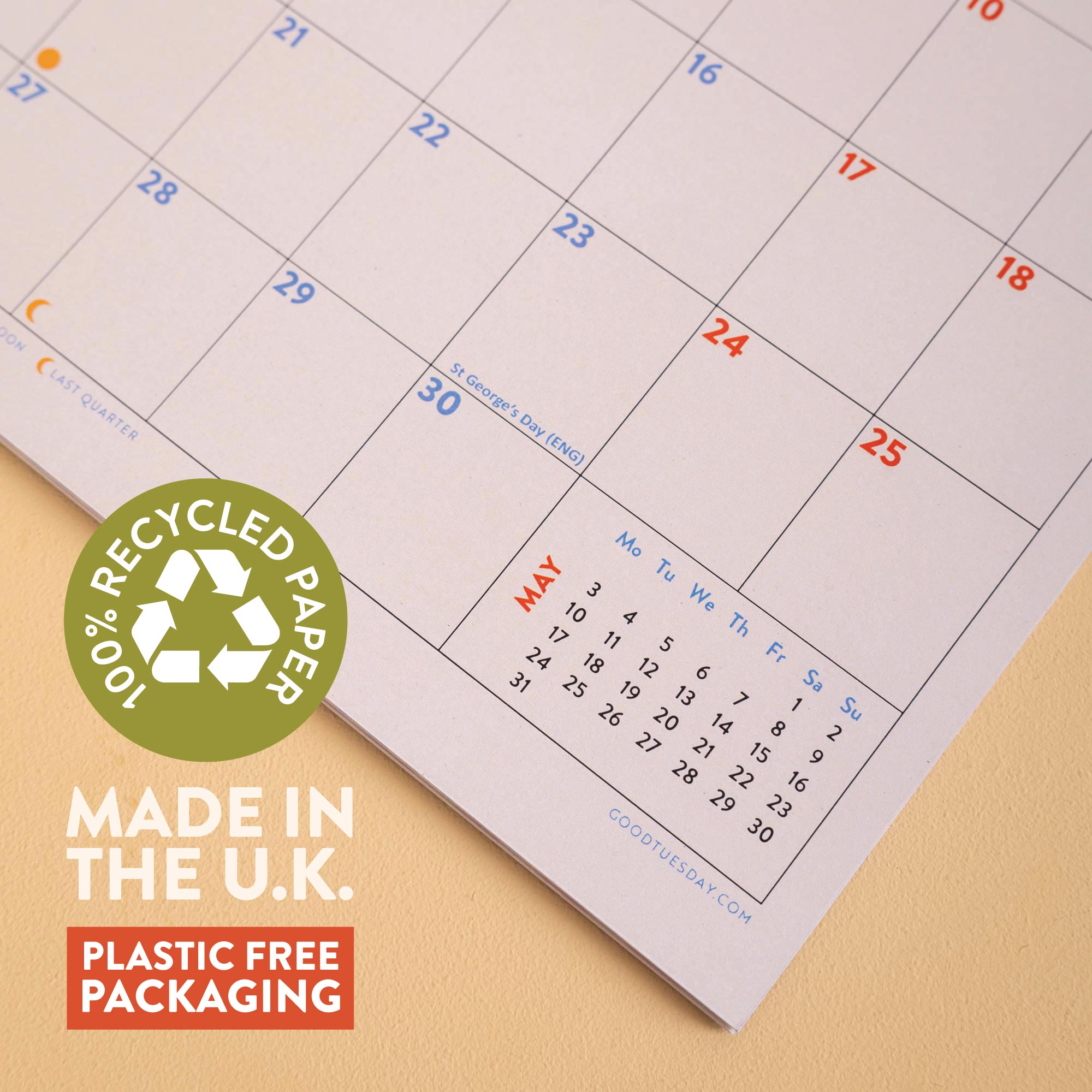 2027 compact wall calendar, punched hole for hanging, recycled paper