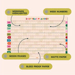 Infographic of 2027 Year Wall Planner - design Nice Arches, showing weekends highlighted, week numbers, moon phases, matte paper, bleed proof paper.
