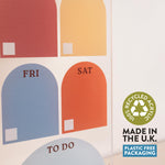 Close up of daily arches on A4 reusable weekly planner with spacious layout. 100% recyked acrylic lable. Made in the UK. Plastic Free Packaging. 