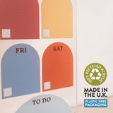 Close up of daily arches on A4 reusable weekly planner with spacious layout. 100% recyked acrylic lable. Made in the UK. Plastic Free Packaging. 