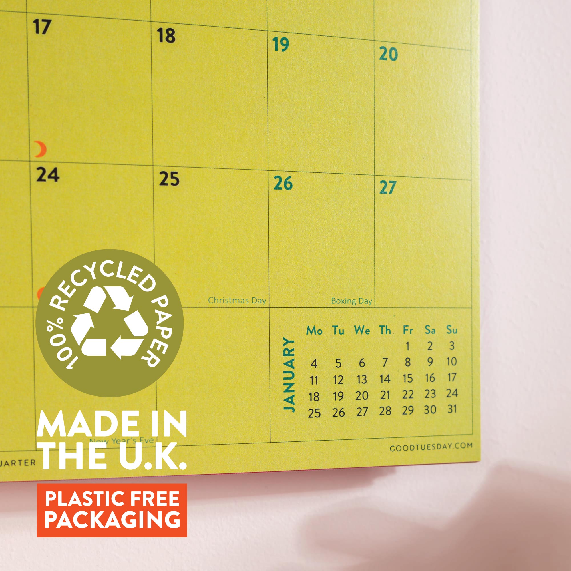 Close up of A4 academic calendar printed on recycled paper with vibrant colours