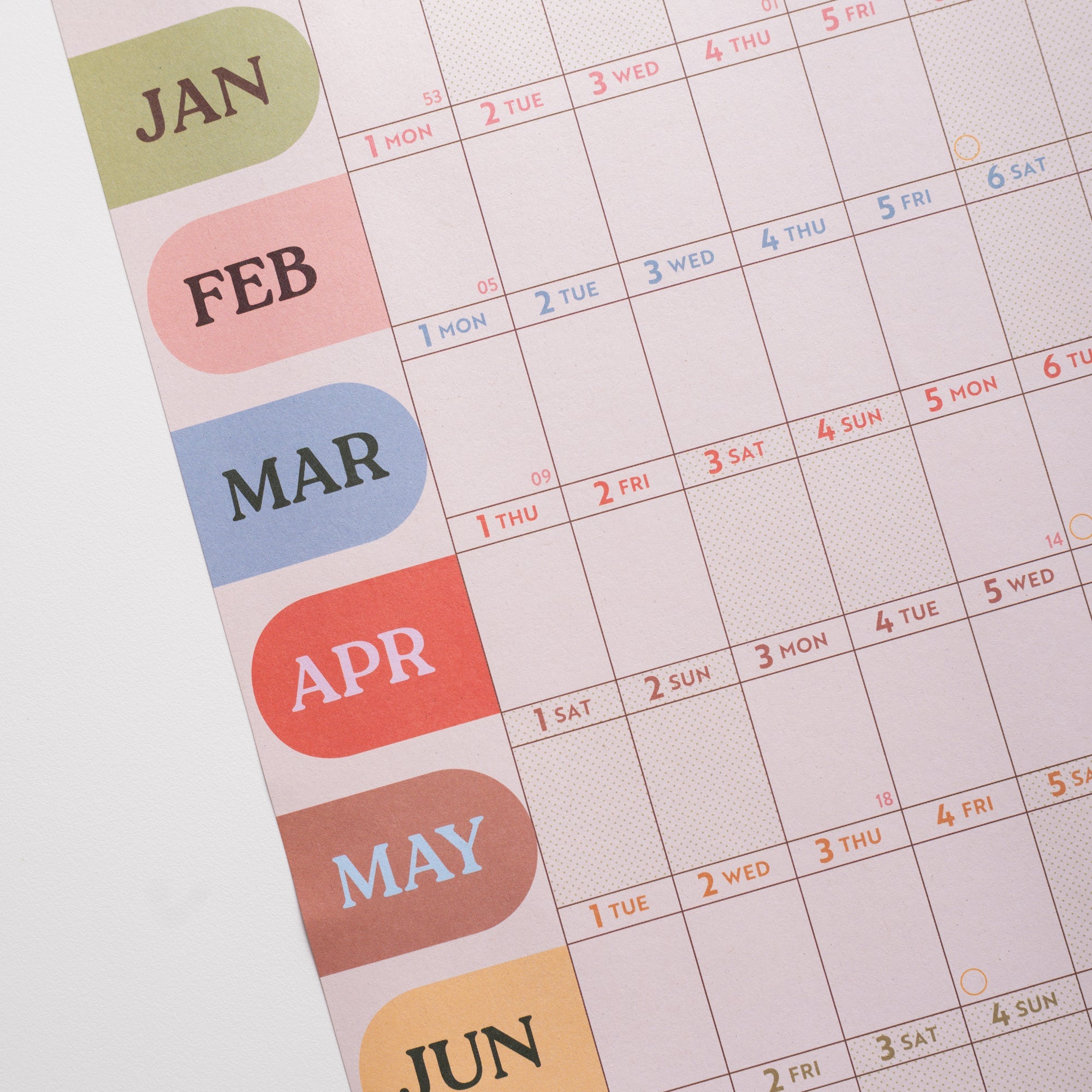2027 Boho Arches wall planner, week numbers and monthly grid layout