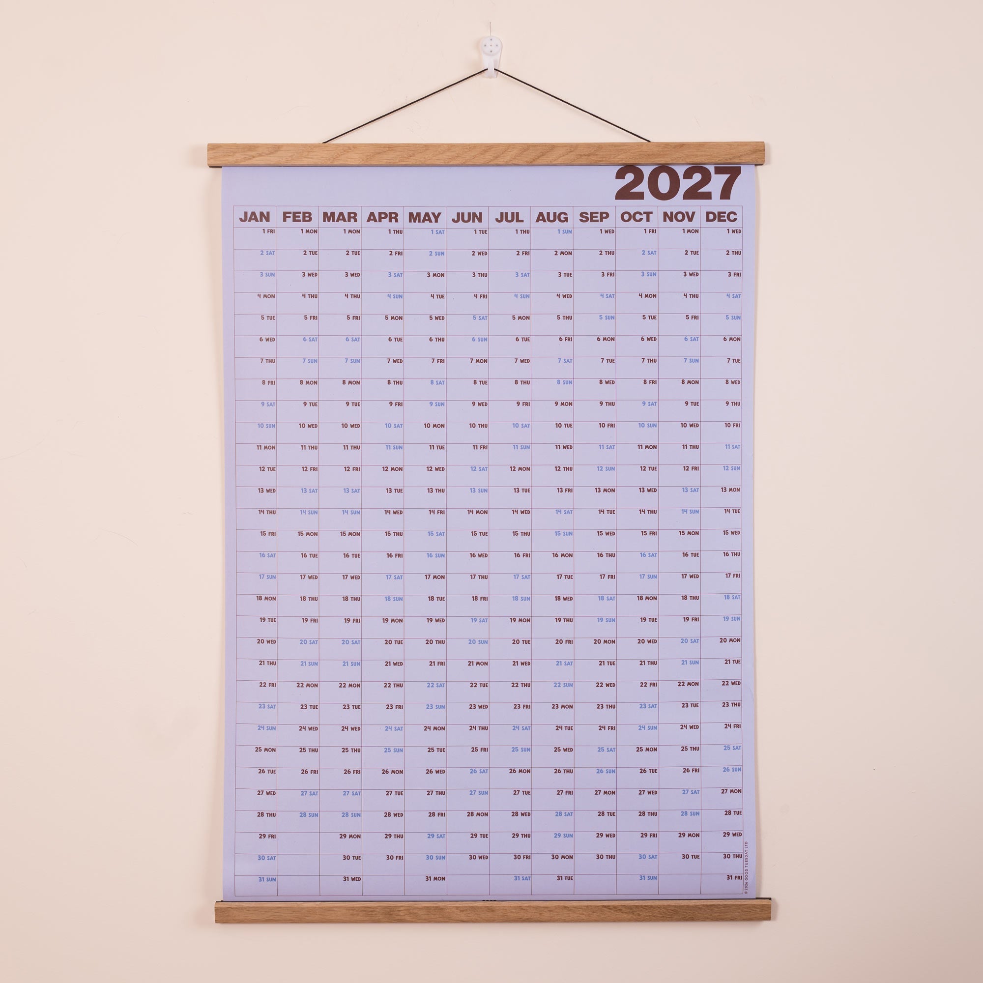 2027 Glacier Blue wall planner, January to December monthly overview
