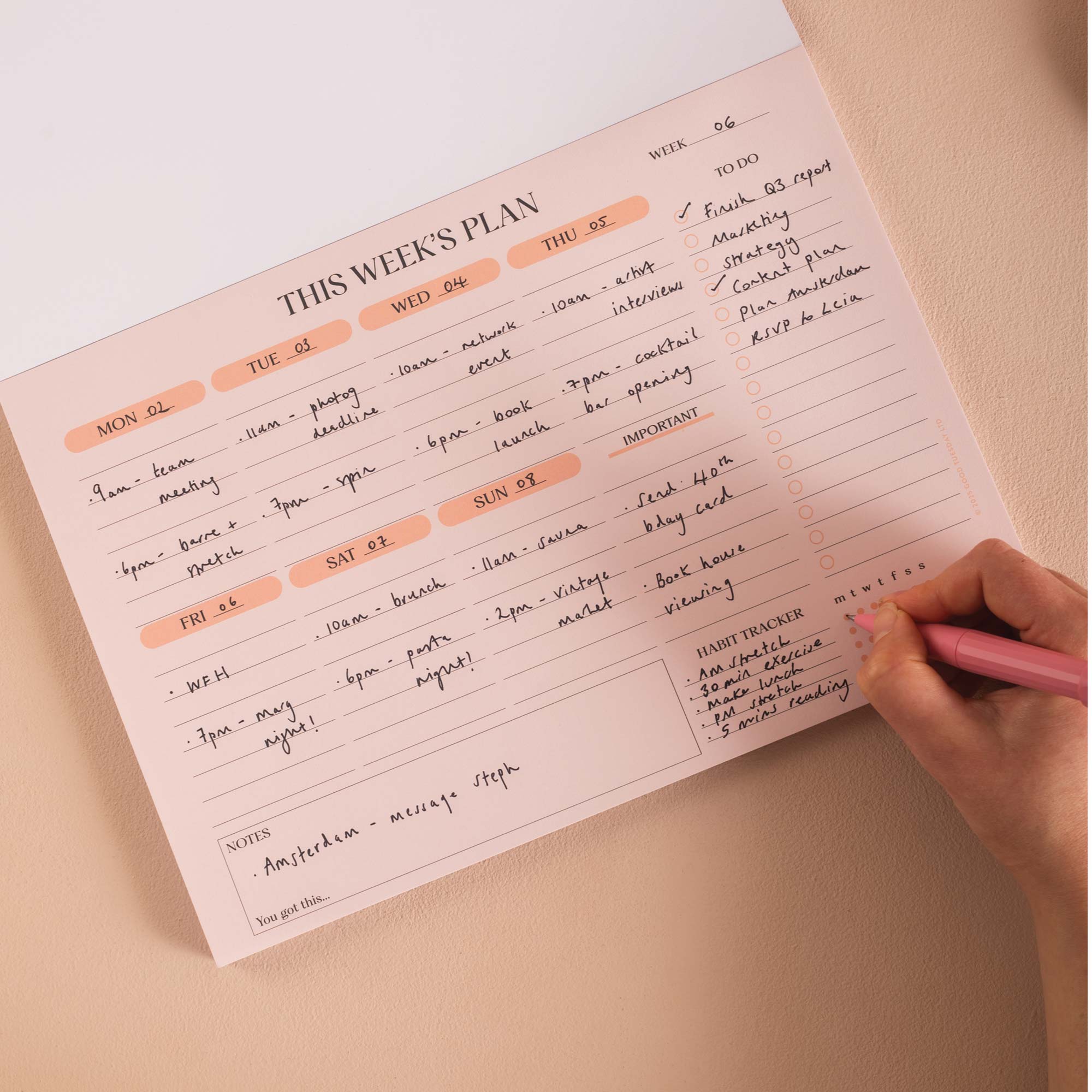 This weeks plan, 100gsm paper, 100% recycled paper - Monday to Sunday spaces, To do list, Important section, Notes and Habit tracker section.