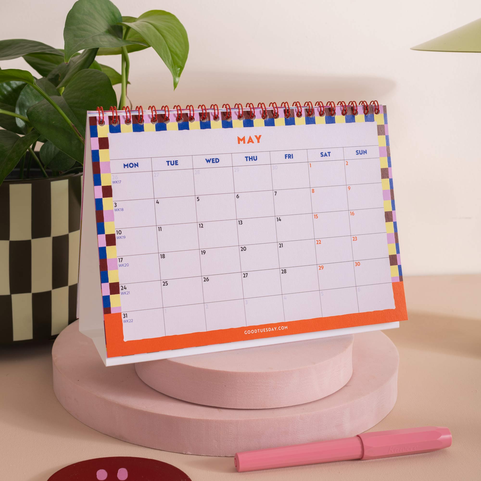 Week numbers included, international planner with no holidays, Checks & Stripes Desk Calendar