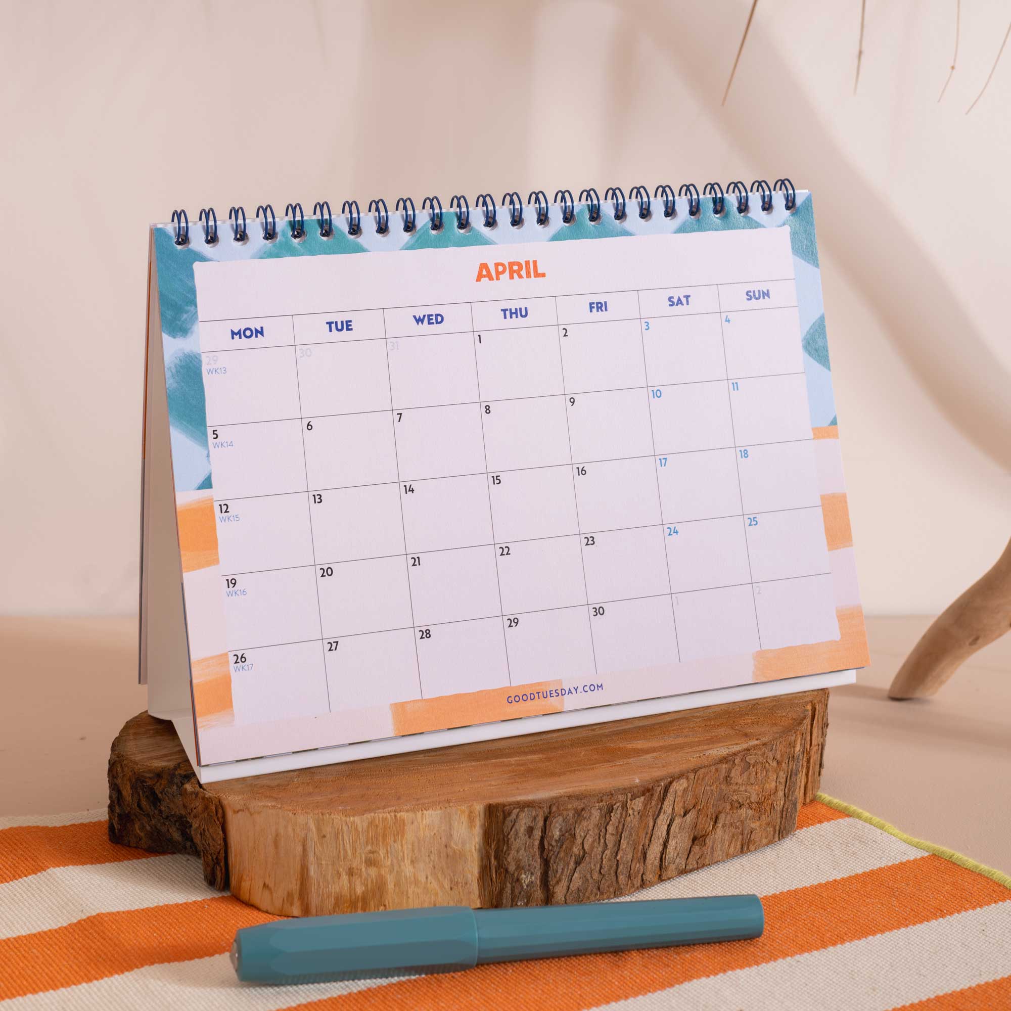 Week numbers included, international planner with no holidays, Coastal Stripe Desk Calendar