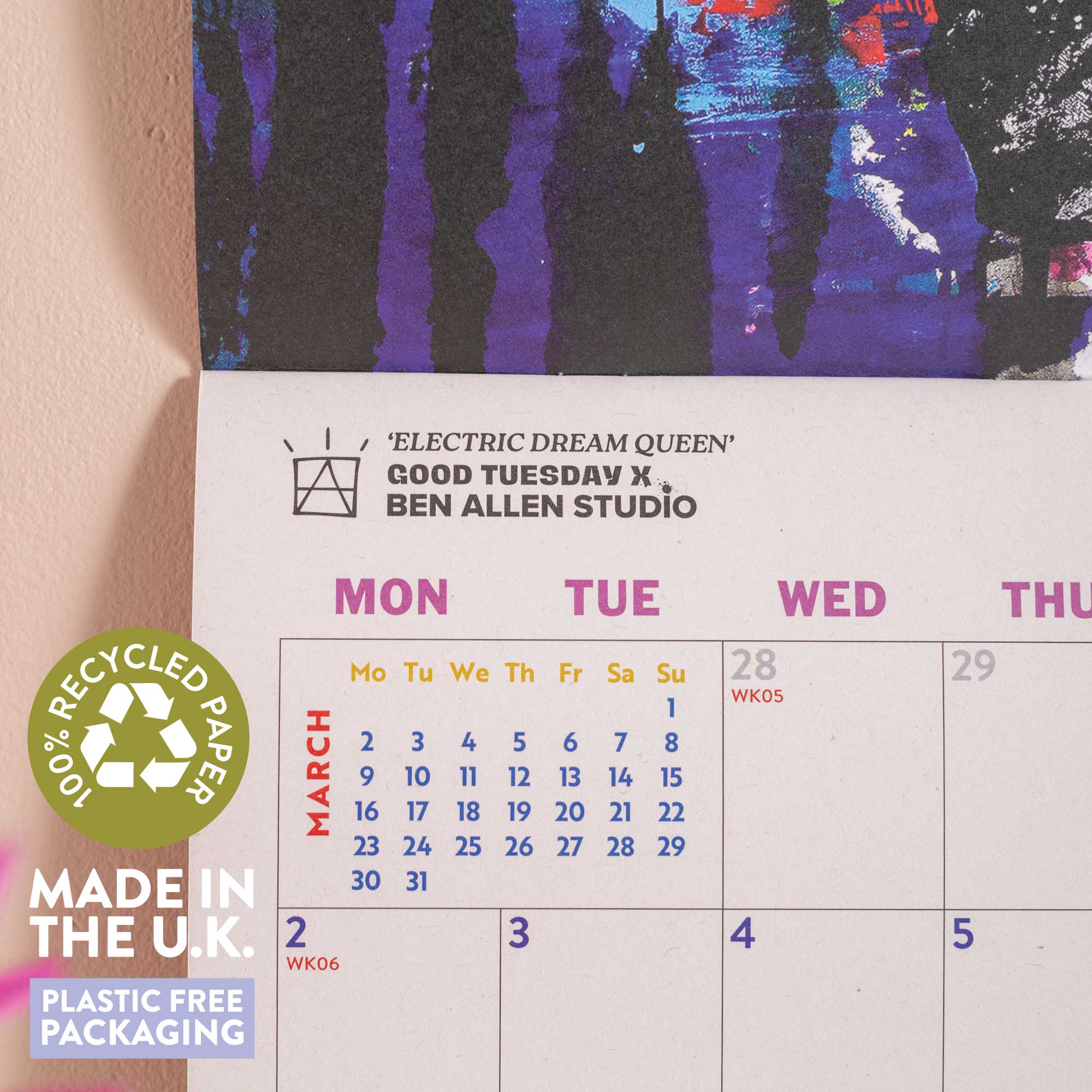 Good Tuesday 2026 calendar, in collaboration with Artist Ben Allen, bold, striking visuals, 100% recycled paper, Made in the UK and plastic free packaging