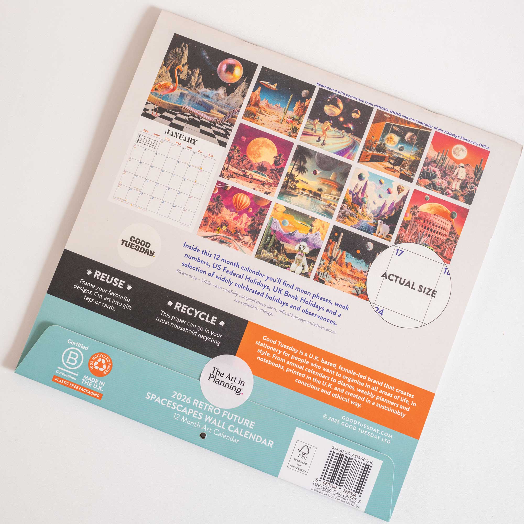 Good Tuesday 2026 Calendar with retro future spacescapes, fun, playful, designs 