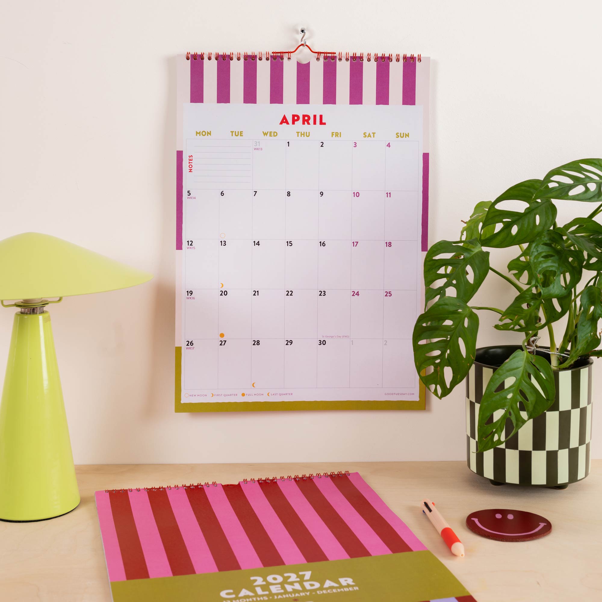 2027 Checks & Stripes A3 Calendar, mini notes section for the month