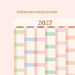 2027 wall planner with weekends highlighted on a light pink background