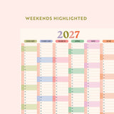 2027 wall planner with weekends highlighted on a light pink background