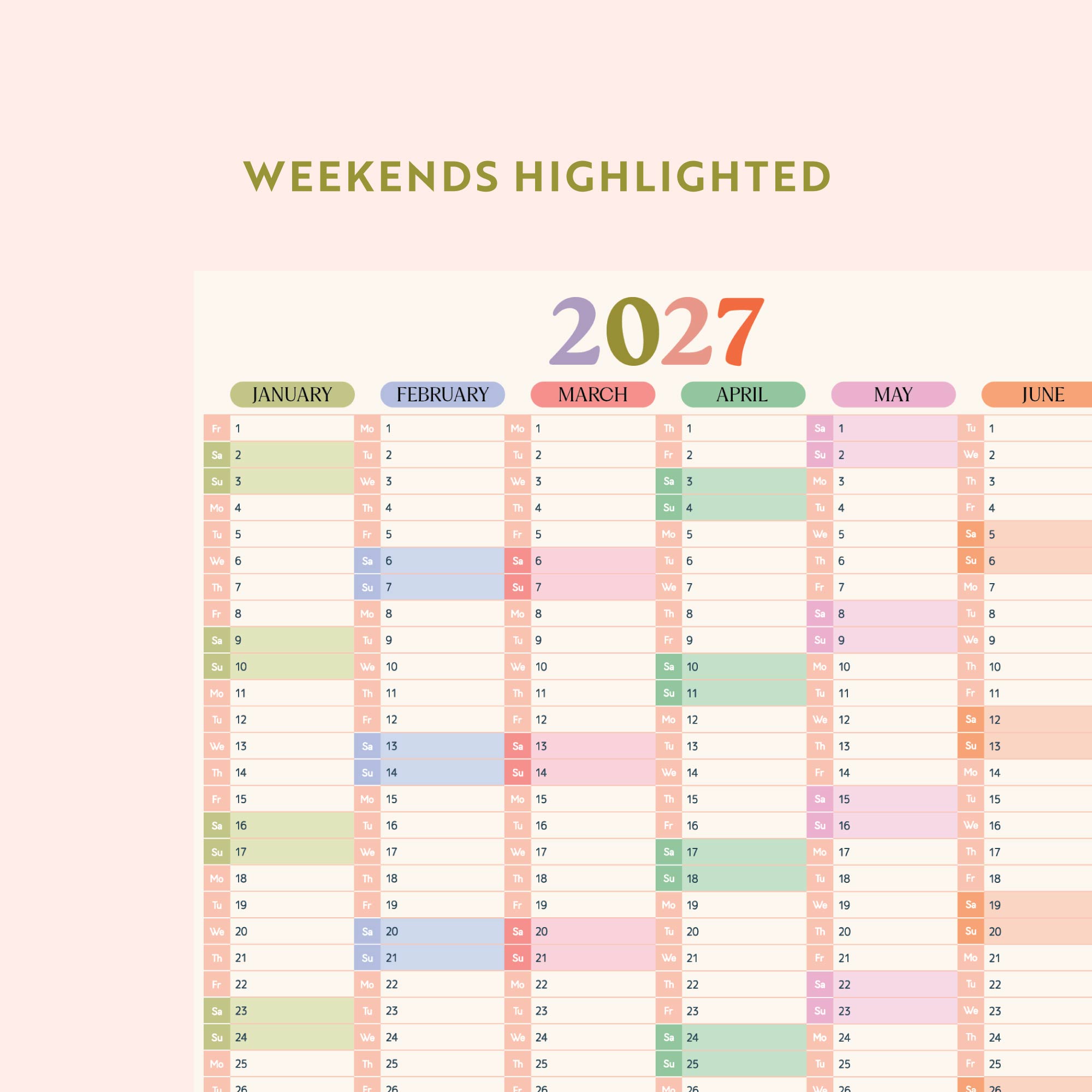 2027 wall planner with weekends highlighted on a light pink background