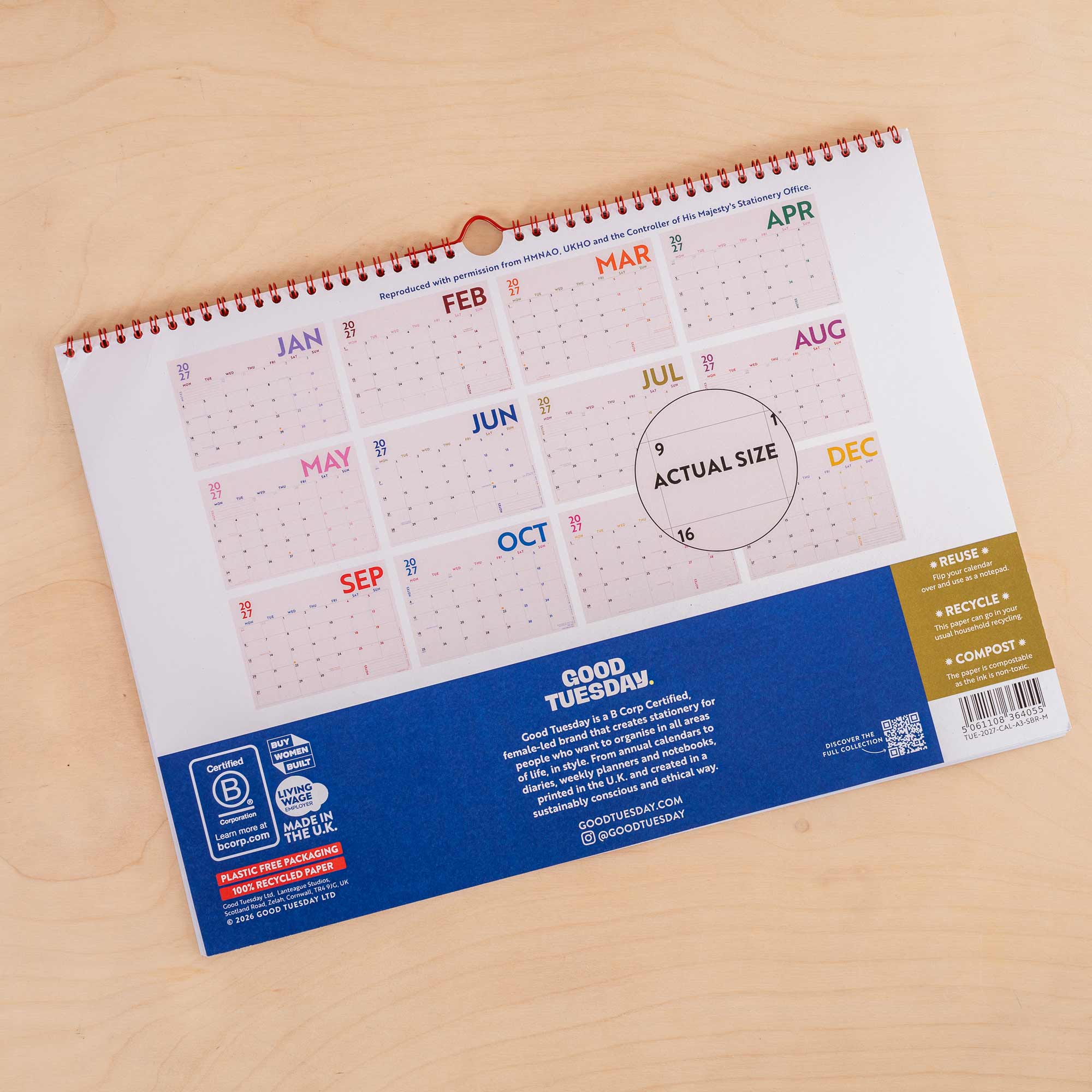 2027 Simply Bright A3 Landscape Calendar, bronze wireo binding with hanging loop