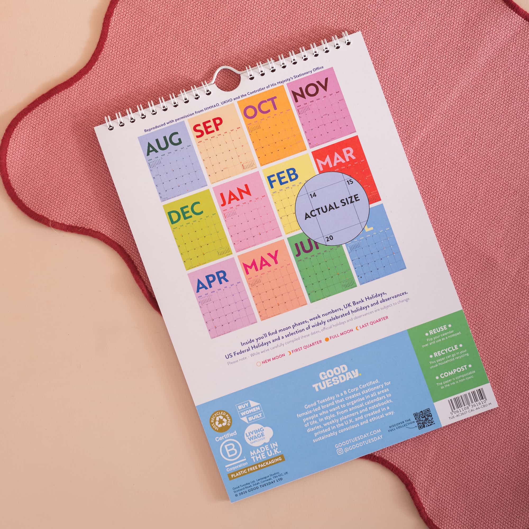 Back of 2026–2027 A4 academic calendar with white wire binding and hanging loop