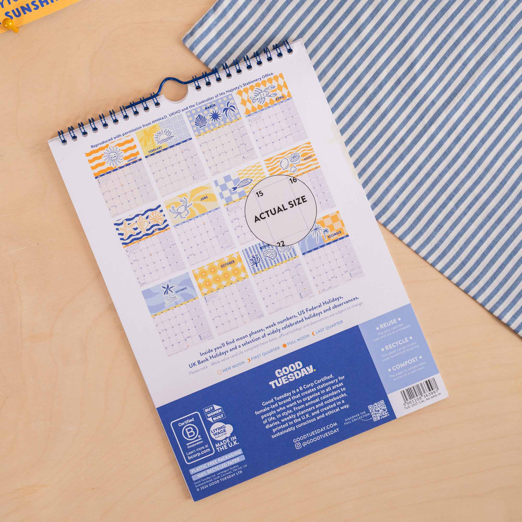 2027 Amalfi Sunshine A4 Calendar, hung on wall for monthly planning