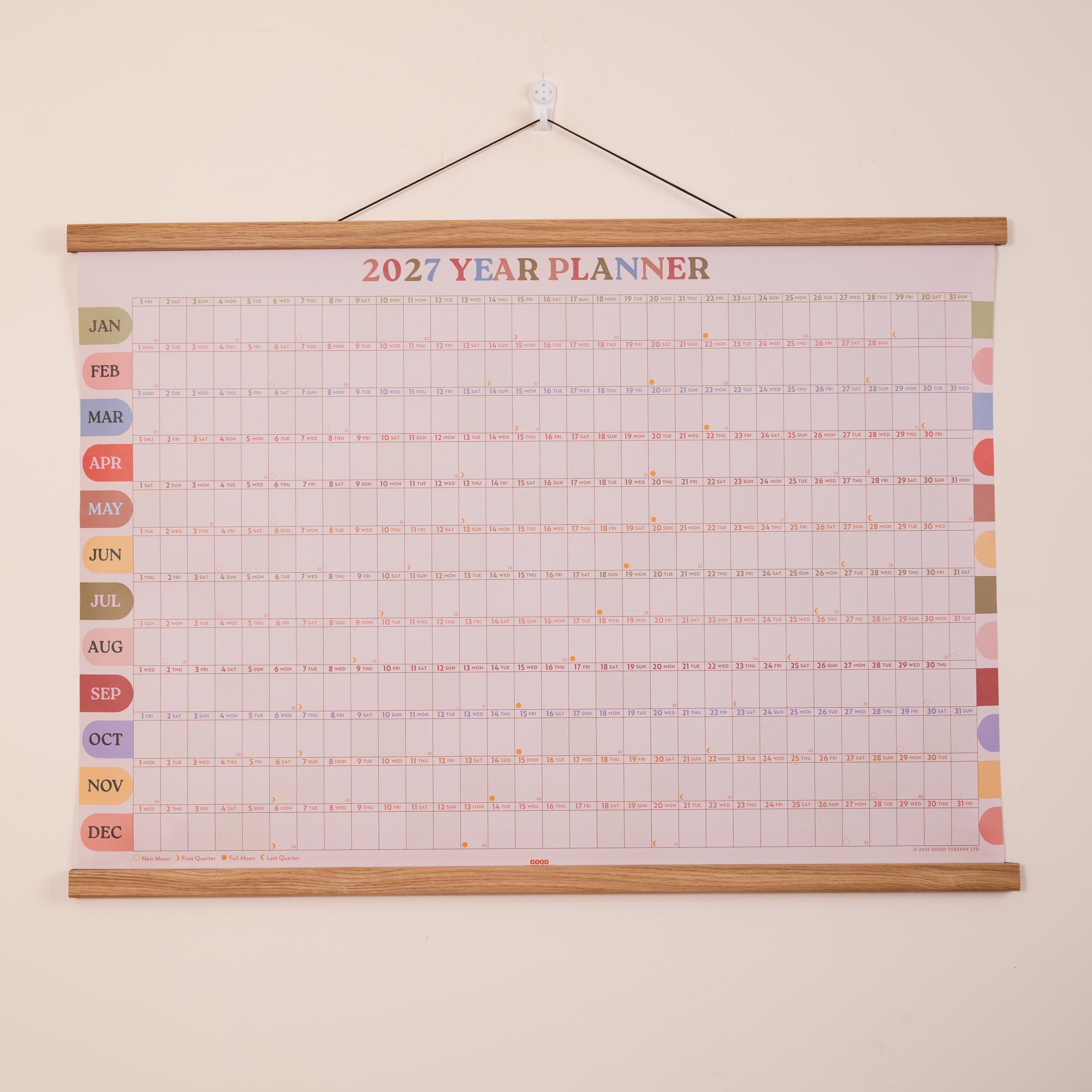 2027 Boho Arches wall planner, January to December monthly overview