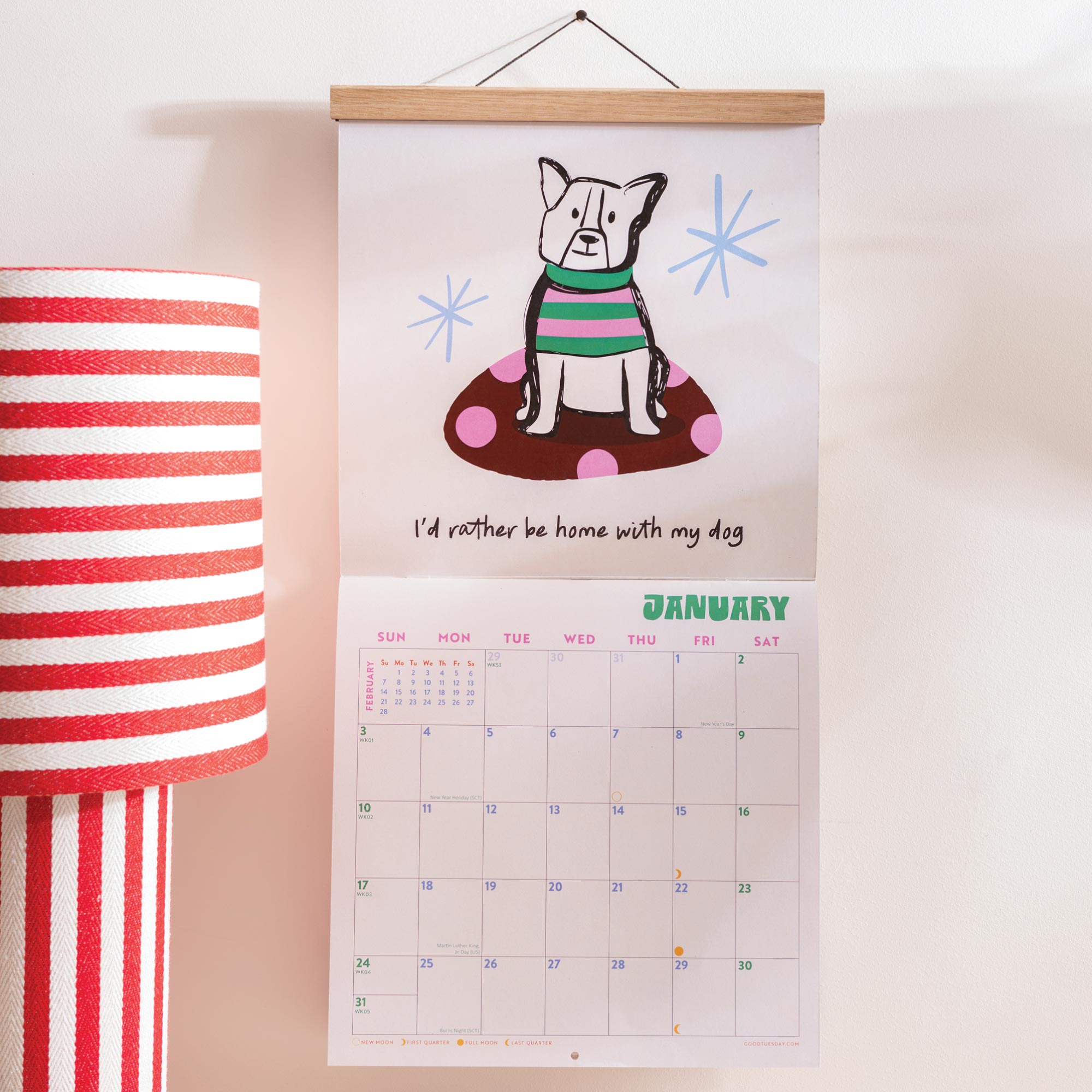 Wall calendar showing UK and US holidays week numbers and moon phases