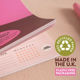 This weeks plan, 100gsm paper, 100% recycled paper - Monday to Sunday spaces, To do list, Important section, Notes and Habit tracker section.