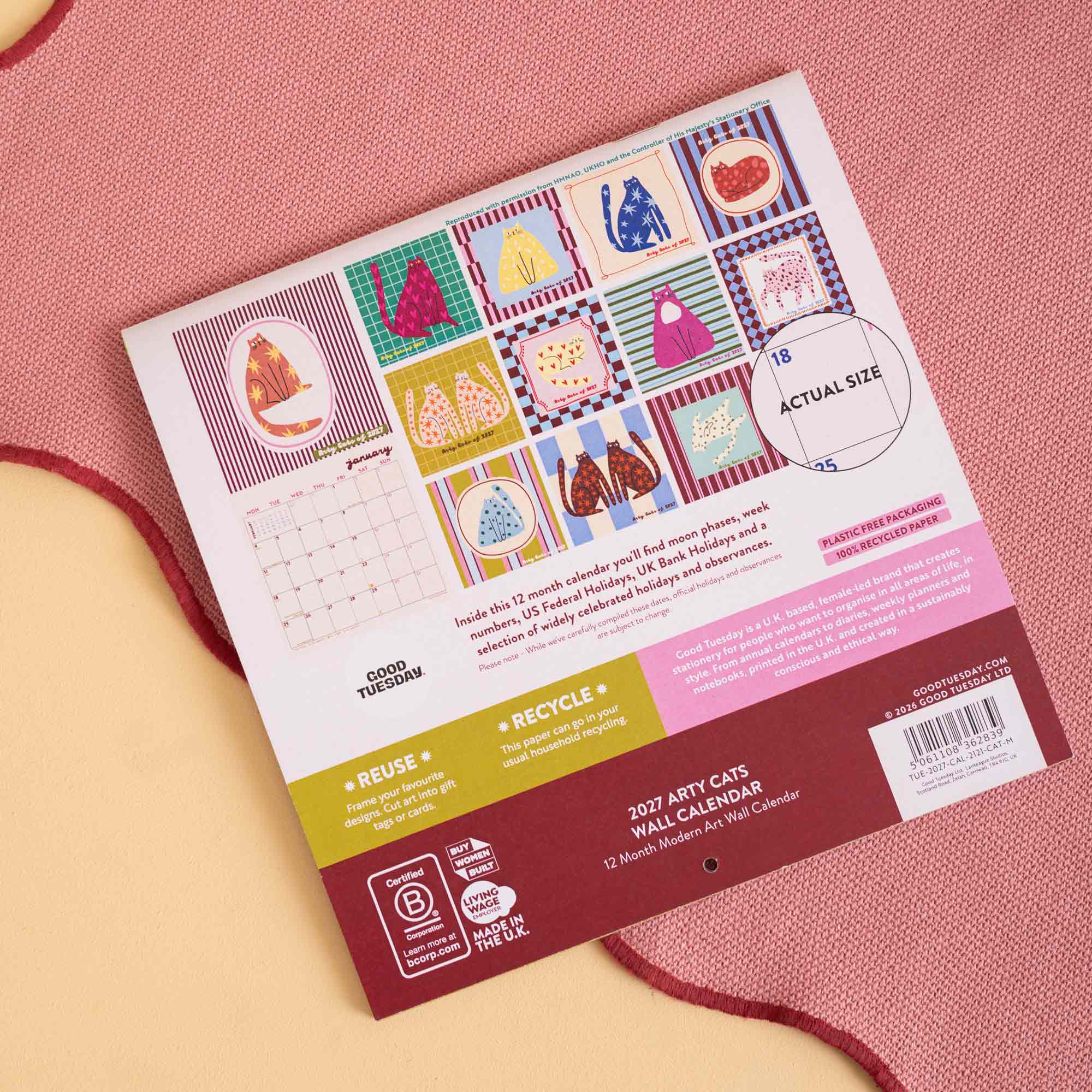 2027 Cat Life wall calendar, month to view layout by Good Tuesday