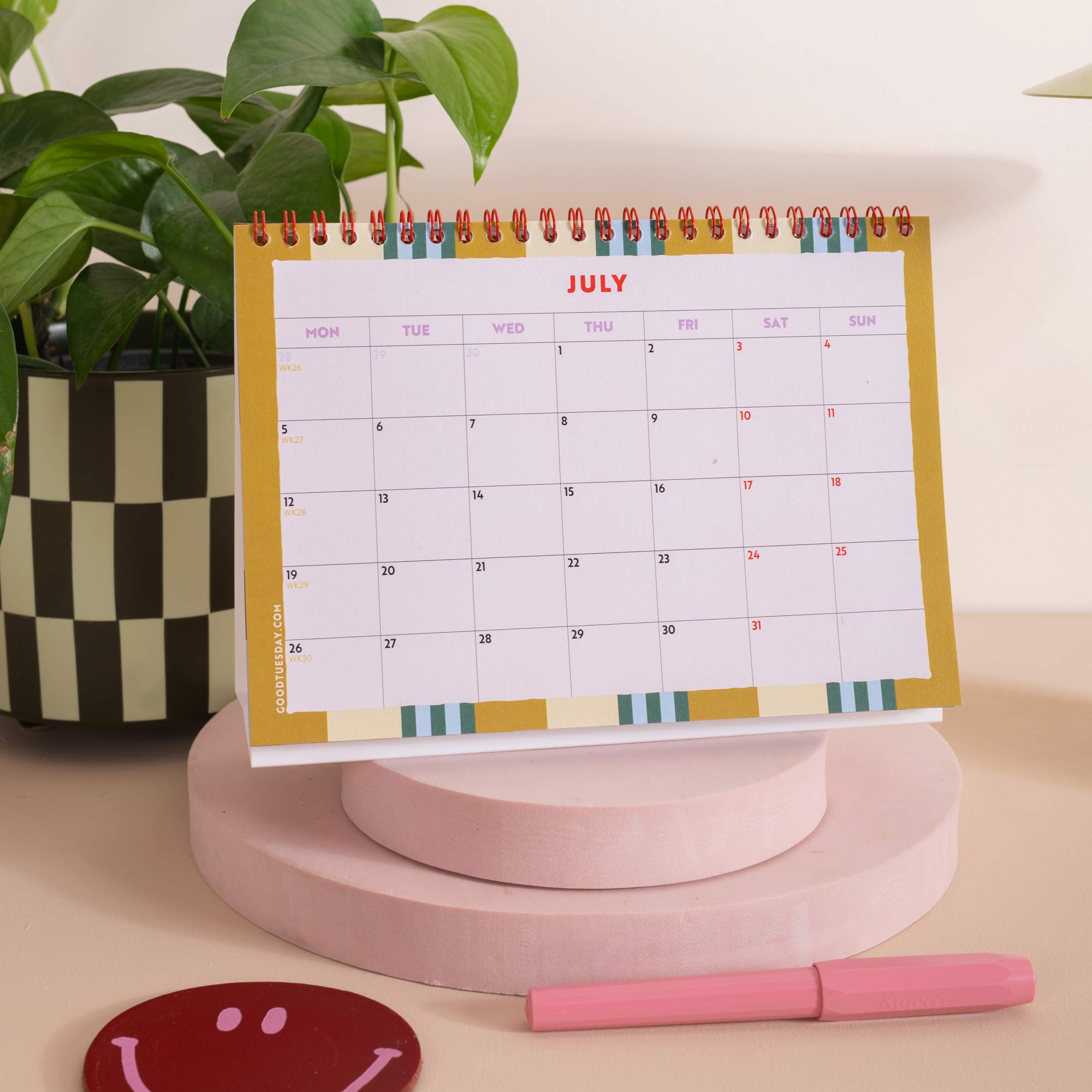 January to December 2027 year overview at the front, Checks & Stripes Desk Calendar