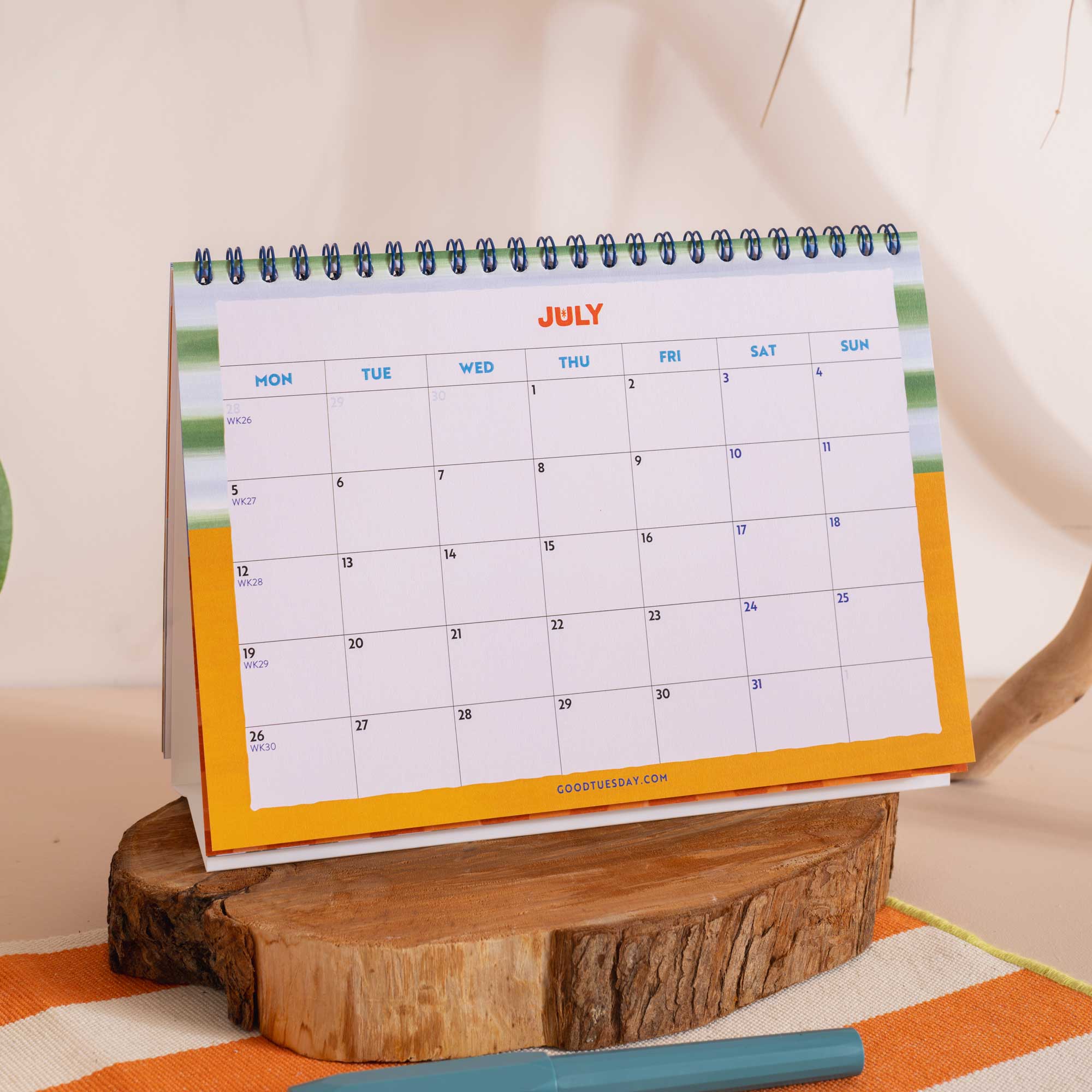 January to December 2027 year overview at the front, Coastal Stripe Desk Calendar