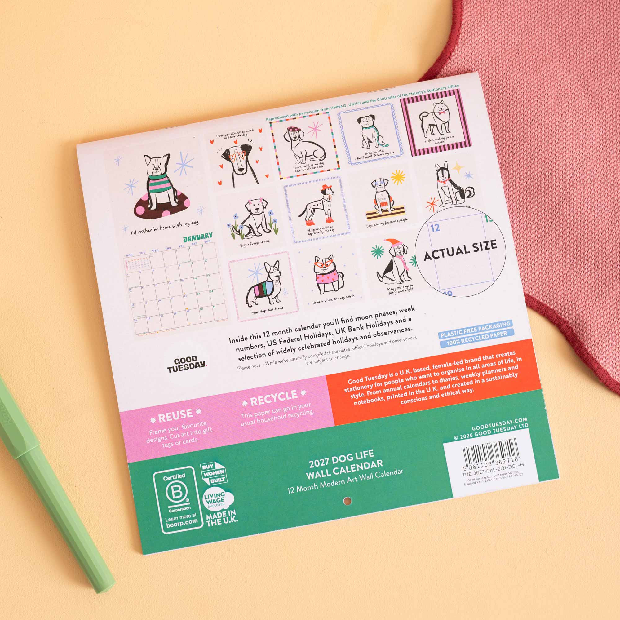 2027 Dog Life wall calendar, month to view layout by Good Tuesday