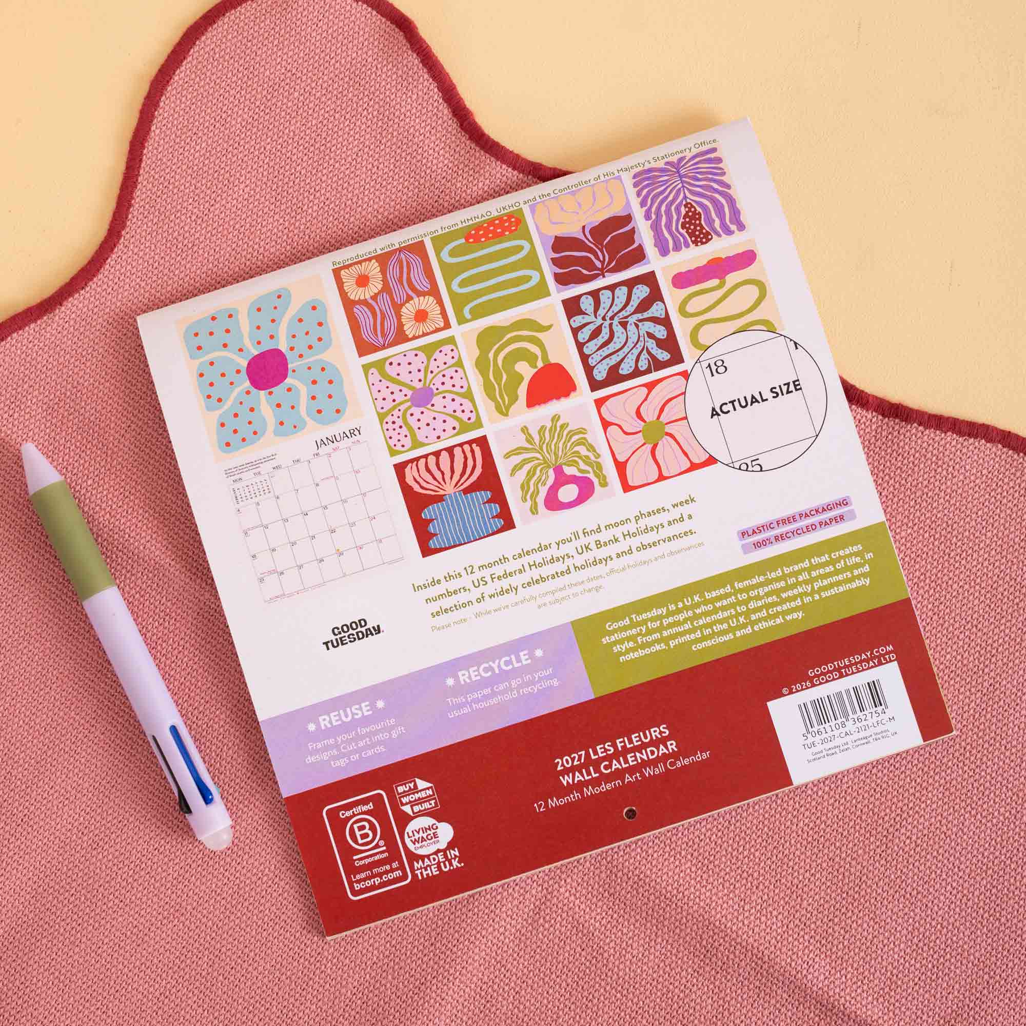 2027 Les Fleurs wall calendar, month to view layout by Good Tuesday