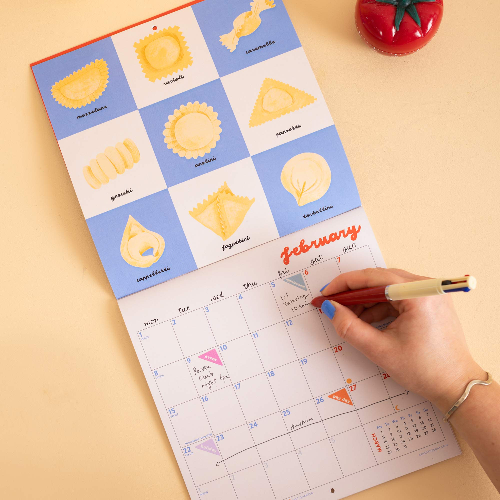 Love of Pasta wall calendar, retro colour palette, pasta illustrations