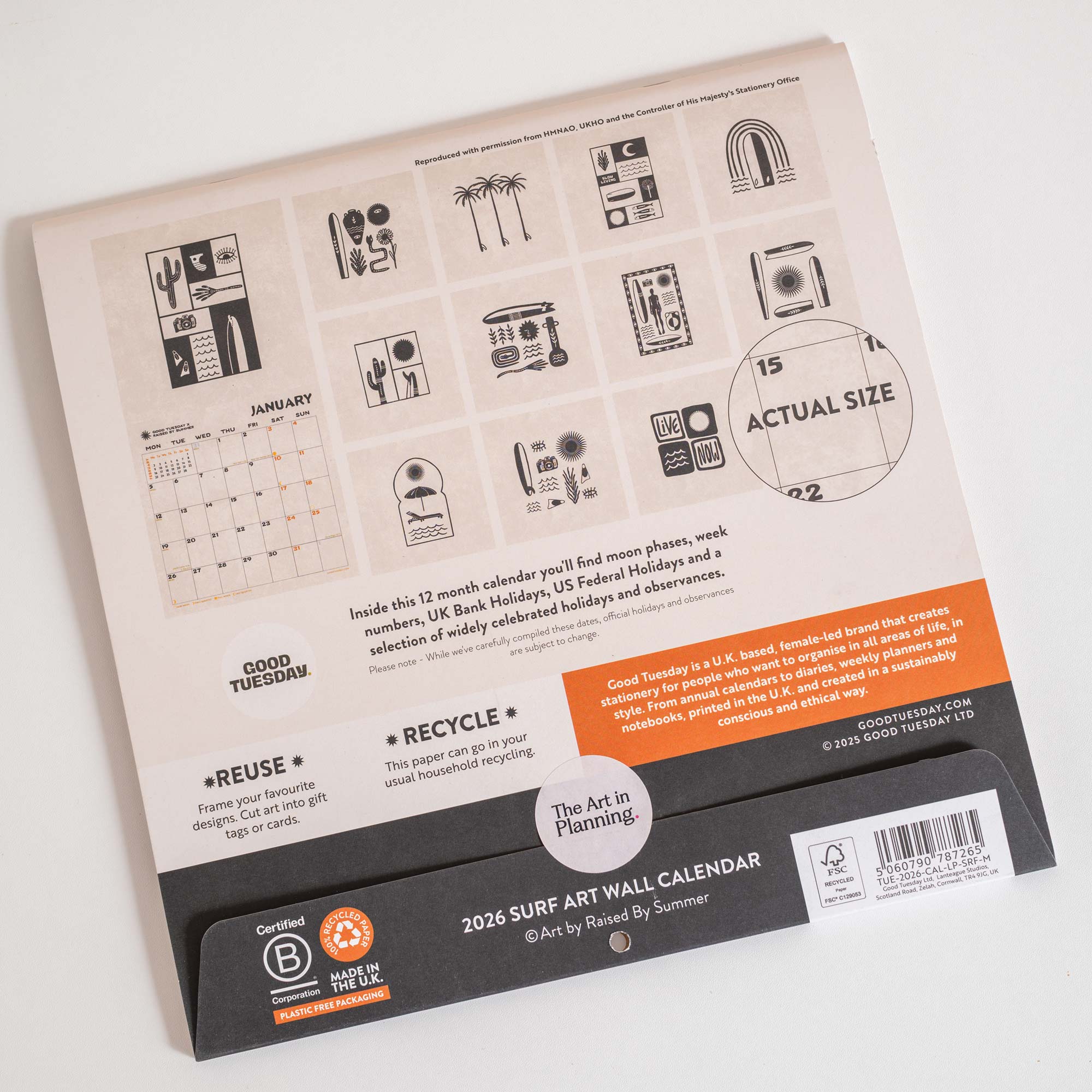 Good Tuesday 2026 calendar, illustrations by Raised by Summer, inspired by surf culture and the ocean.