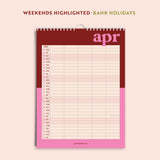 Family wall calendar showing highlighted weekends and UK and US holidays